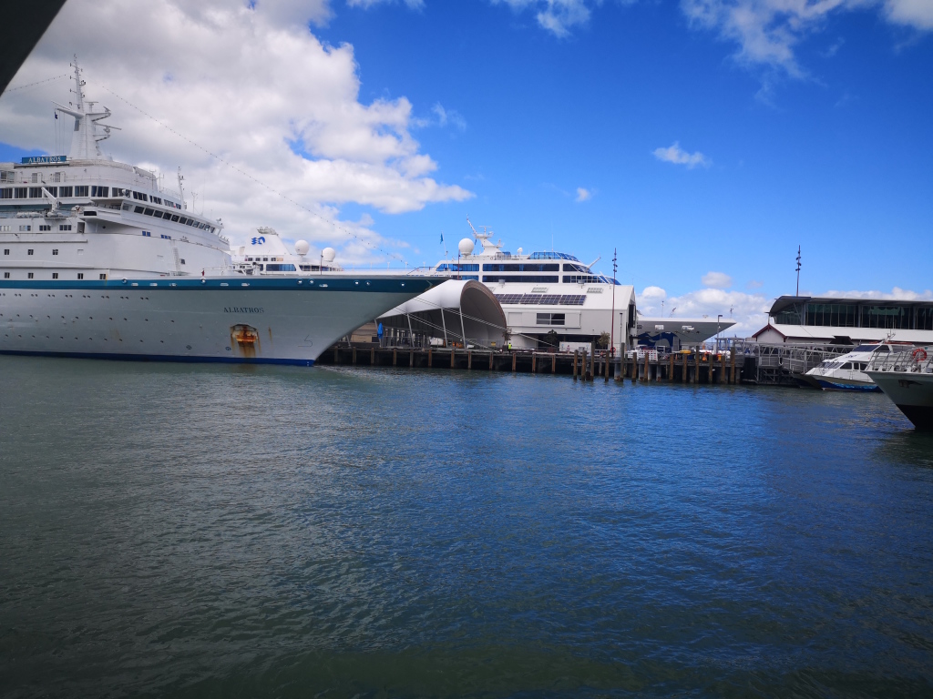 Fig. 2. Sydney mooring dolphin in operation. This photo again of Circular Quay was taken in January 2019. The ship secured to the dolphin is the oversize Royal Caribbean International’s Ovation of the Seas (348m, 4500 pax). This ship is referred to frequently in the evidence.